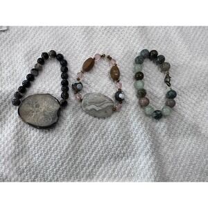 Set of 3 Beaded Agate Stone Bracelets Geode Slice Stretch Lobster Clasp Earthy